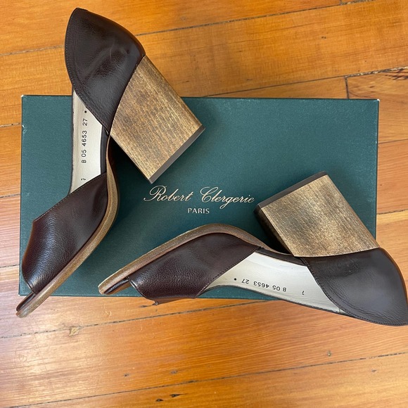 Robert Clergerie Peep Toe Wooden Block Heels Brown Size 37 - Picture 4 of 10